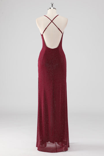 Robe longue formelle longue formelle plissée à col en V plissée et perlée avec fente